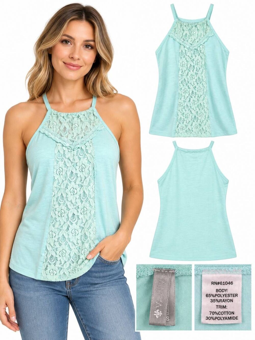 Vanity Lace Front Halter Tank Top Mint Green S